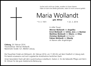 Traueranzeige von Maria Wollandt von Neue Presse Coburg