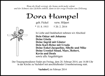 Traueranzeige von Dora Hampel von Südthüringer Presse