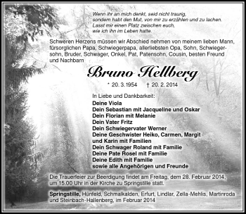 Traueranzeige von Bruno Hellberg von Südthüringer Presse