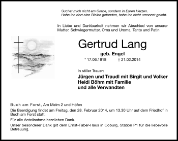 Traueranzeige von Gertrud Lang von Neue Presse Coburg