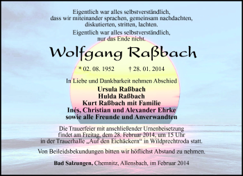 Traueranzeige von Wolfgang Raßbach von Südthüringer Presse