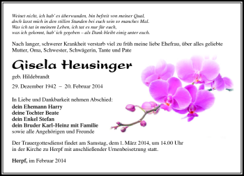 Traueranzeige von Gisela Heusinger von Südthüringer Presse