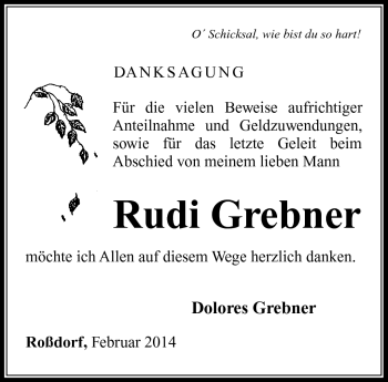 Traueranzeige von Rudi Grebner von Südthüringer Presse