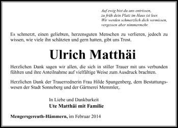 Traueranzeige von Ulrich Matthäi von Südthüringer Presse