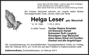 Traueranzeige von Helga Leser von Südthüringer Presse