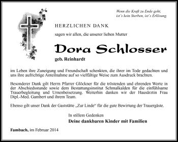 Traueranzeige von Dora Schlosser von Südthüringer Presse