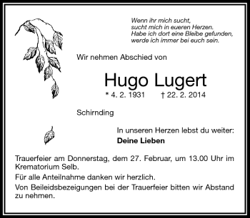 Traueranzeige von Hugo Lugert von Frankenpost