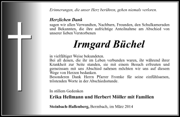 Traueranzeige von Irmgard Büchel von Südthüringer Presse
