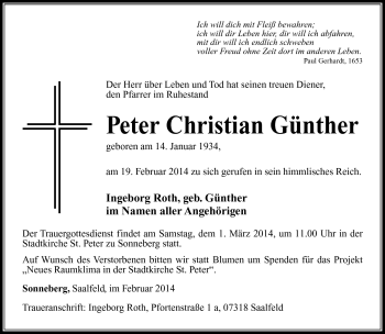 Traueranzeige von Peter Christian Günther von Südthüringer Presse