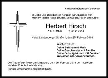 Traueranzeige von Herbert Hirsch von Frankenpost