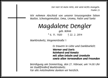 Traueranzeige von Magdalene Dengler von Frankenpost