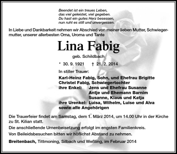Traueranzeige von Lina Fabig von Südthüringer Presse