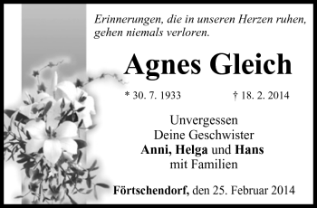Traueranzeige von Agnes Gleich von Neue Presse Coburg