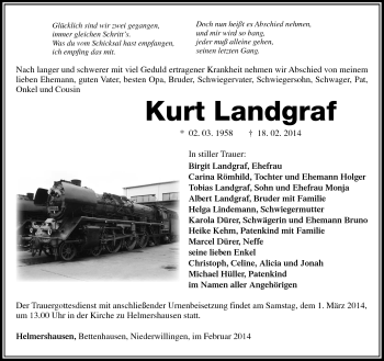 Traueranzeige von Kurt Landgraf von Südthüringer Presse