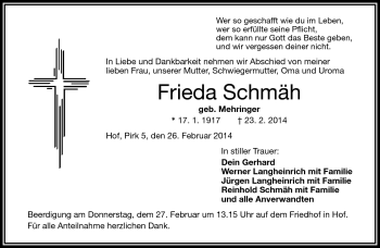 Traueranzeige von Frieda Schmäh von Frankenpost