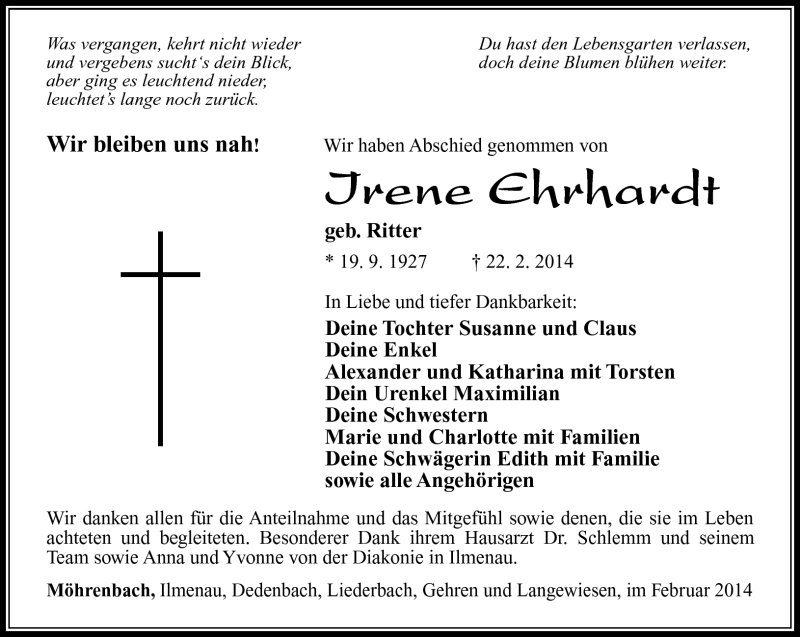  Traueranzeige für Irene Ehrhardt vom 04.03.2014 aus Südthüringer Presse