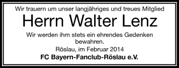 Traueranzeige von Walter Lenz von Frankenpost