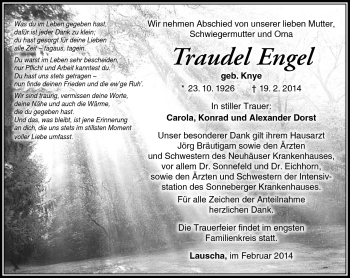 Traueranzeige von Traudel Engel von Südthüringer Presse