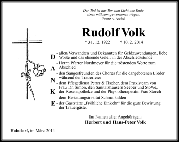 Traueranzeige von Rudolf Volk von Südthüringer Presse