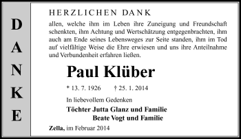 Traueranzeige von Paul Klüber von Südthüringer Presse