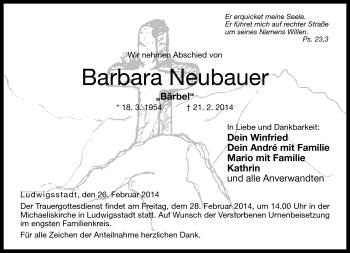 Traueranzeige von Barbara Neubauer von Neue Presse Coburg