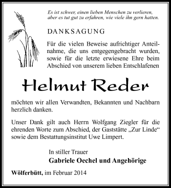Traueranzeige von Helmut Reder von Südthüringer Presse