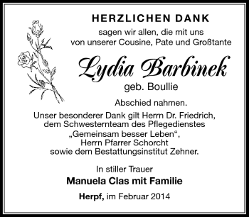 Traueranzeige von Lydia Barbinek von Südthüringer Presse