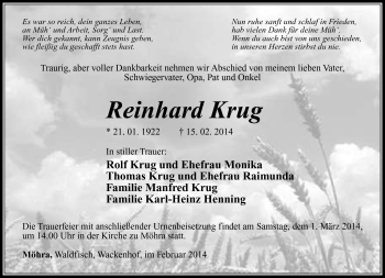 Traueranzeige von Reinhard Krug von Südthüringer Presse