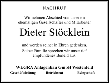Traueranzeige von Dieter Stöcklein von Südthüringer Presse