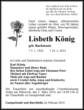 Traueranzeige von Lisbeth König von Südthüringer Presse
