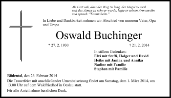 Traueranzeige von Oswald Buchinger von Neue Presse Coburg