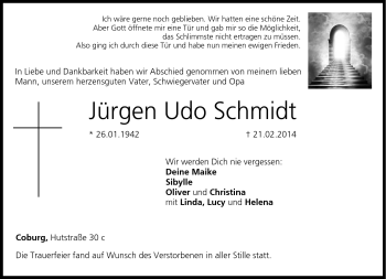 Traueranzeige von Jürgen Udo Schmidt von Neue Presse Coburg
