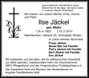 Traueranzeige von Ilse Jäckel von Frankenpost