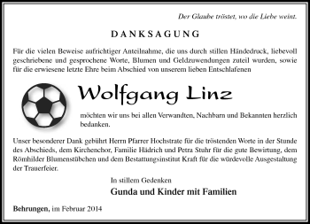 Traueranzeige von Wolfgang Linz von Südthüringer Presse
