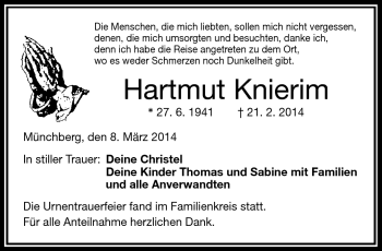 Traueranzeige von Hartmut Knierim von Frankenpost