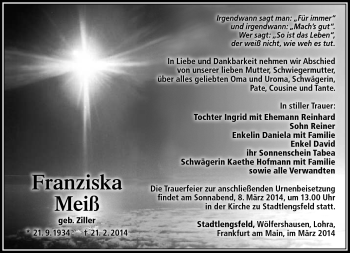 Traueranzeige von Franziska Meiß von Südthüringer Presse