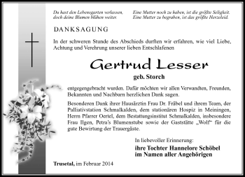 Traueranzeige von Gertrud Lesser von Südthüringer Presse