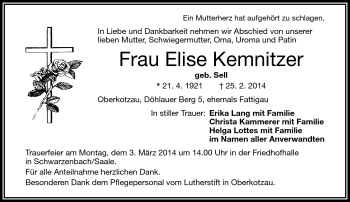 Traueranzeige von Elise Kemnitzer von Frankenpost