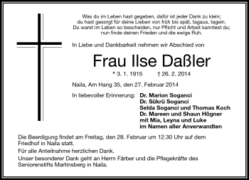Traueranzeige von Ilse Daßler von Frankenpost