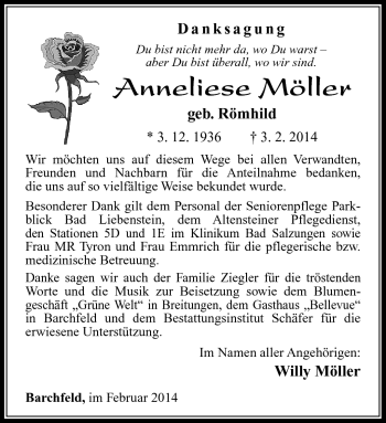 Traueranzeige von Anneliese Möller von Südthüringer Presse
