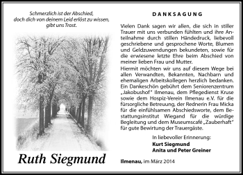 Traueranzeige von Ruth Siegmund von Südthüringer Presse