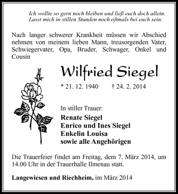 Traueranzeige von Wilfried Siegel von Südthüringer Presse