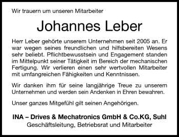 Traueranzeige von Johannes Leber von Südthüringer Presse