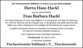 Traueranzeige von HansBarbara HacklHackl von Frankenpost