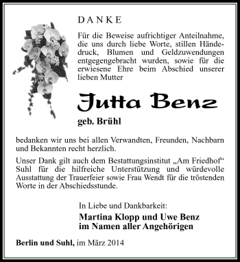 Traueranzeige von Jutta Benz von Südthüringer Presse