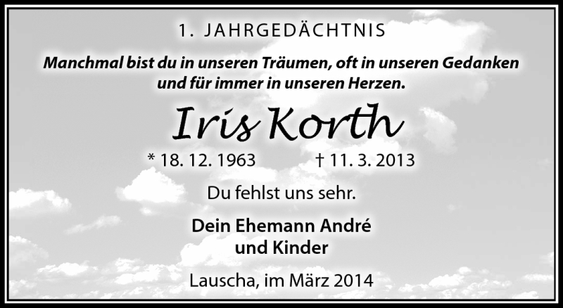  Traueranzeige für Iris Korth vom 11.03.2014 aus Südthüringer Presse