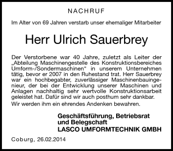 Traueranzeige von Ulrich Sauerbrey von Neue Presse Coburg