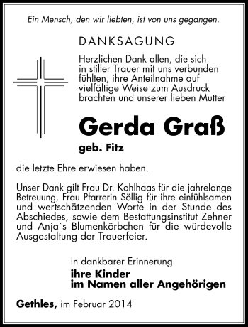 Traueranzeige von Gerda Graß von Südthüringer Presse