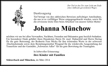 Traueranzeige von Johanna Münchow von Südthüringer Presse