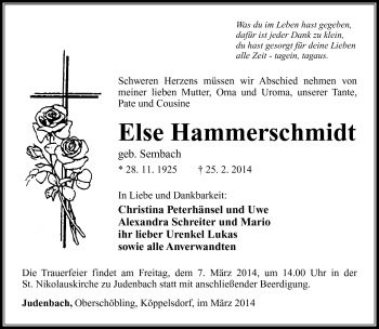 Traueranzeige von Else Hammerschmidt von Südthüringer Presse